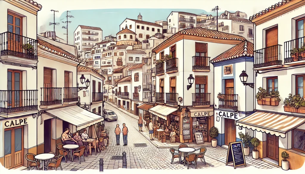 A charming cartoon-style illustration of Calpe Pueblo, featuring narrow cobbled streets, traditional whitewashed buildings, and a lively plaza with people enjoying the Mediterranean atmosphere.