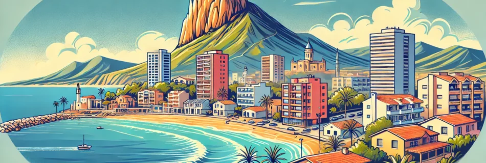 A vibrant cartoon illustration of Calpe, Spain, featuring the iconic Peñón de Ifach, Mediterranean coastline, and a lively town atmosphere. The image