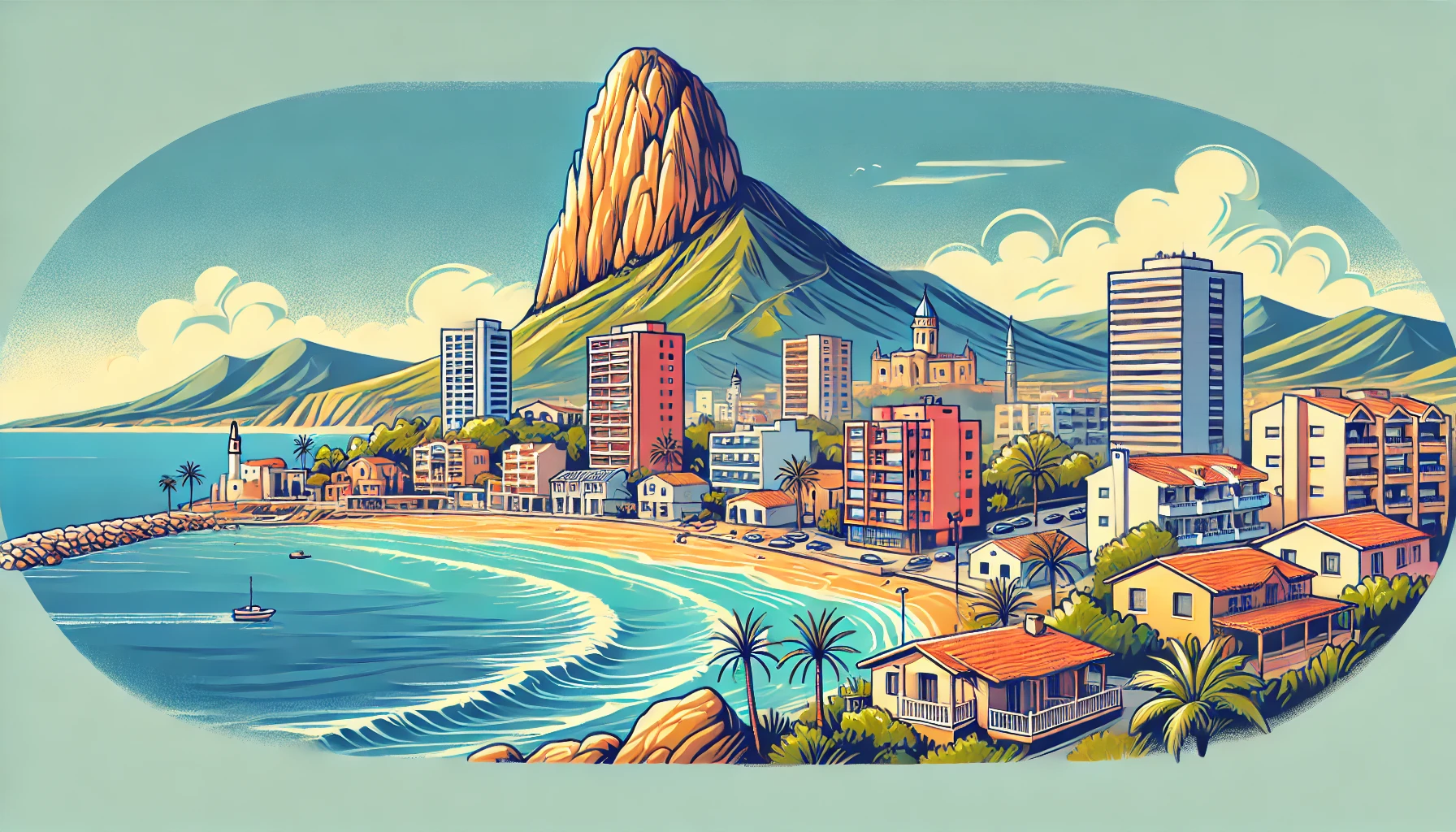 A vibrant cartoon illustration of Calpe, Spain, featuring the iconic Peñón de Ifach, Mediterranean coastline, and a lively town atmosphere. The image