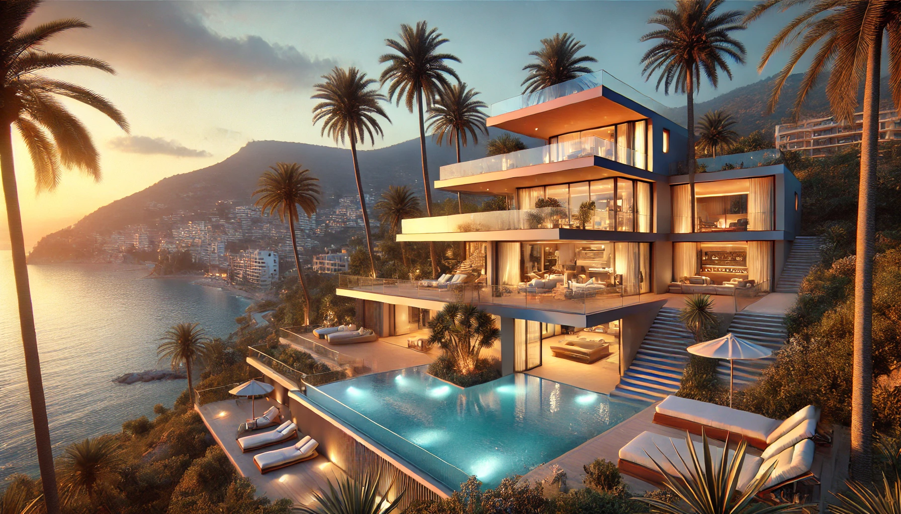 A hyper-realistic image of a luxurious Mediterranean villa in Calpe, Spain, overlooking the sea at sunset. The villa features modern architecture, large glass windows, an infinity pool, and palm trees surrounding it. The atmosphere is serene, with warm lighting and a beautiful coastal view.