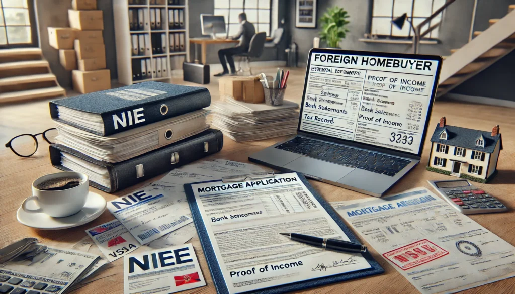 A hyper-realistic image of a foreign homebuyer preparing mortgage application documents. The scene includes a neatly arranged desk with essential paperwork such as an NIE document, bank statements, proof of income, and tax records. A laptop screen displays a mortgage application form. The setting is a modern home office with a stylish interior and a cup of coffee on the desk.