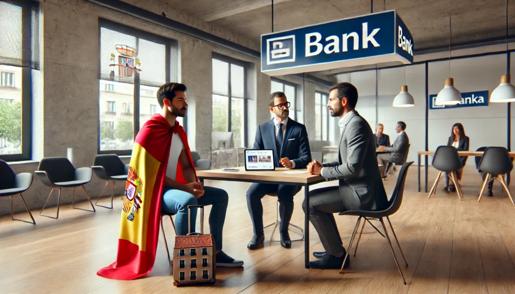 A hyper-realistic image of a foreign homebuyer meeting with a bank representative in a modern bank office. The representative is presenting mortgage options on a digital tablet, while the homebuyer listens attentively. The setting is professional, with branding of a major Spanish bank visible in the background. The atmosphere is bright and welcoming.