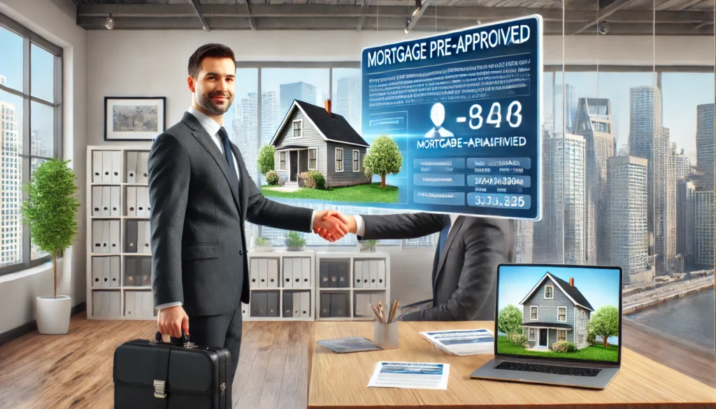 A hyper-realistic image of a foreign homebuyer at a real estate agency, getting pre-qualified for a mortgage. The buyer is shaking hands with a mortgage broker, while a digital screen behind them displays mortgage pre-approval details. The setting is a modern office with property brochures and a professional atmosphere.