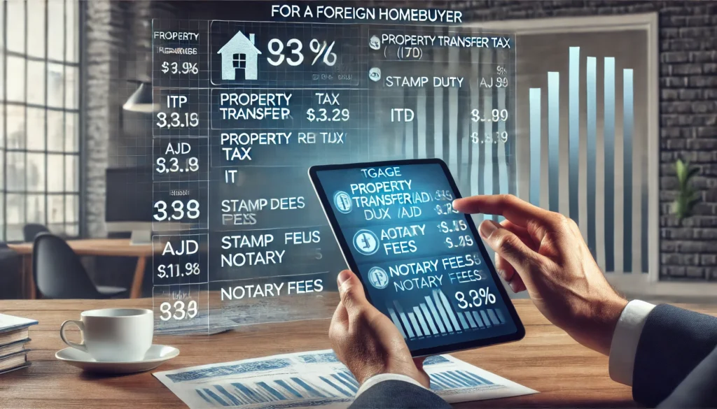 A hyper-realistic image showing a detailed breakdown of mortgage-related costs for a foreign homebuyer. A financial advisor is explaining taxes and fees using a digital tablet, displaying cost categories like Property Transfer Tax (ITP), Stamp Duty (AJD), and notary fees. The setting is a modern office with financial charts on the wall.