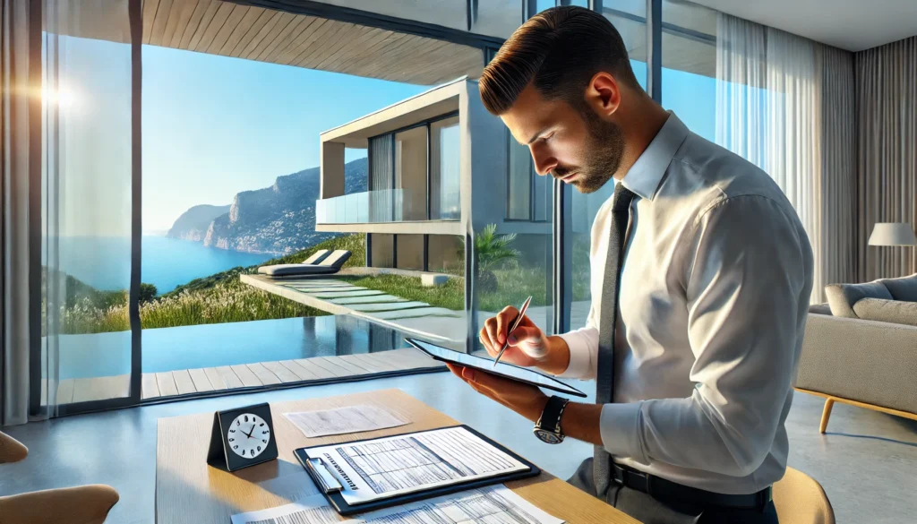 A hyper-realistic image of a professional real estate appraiser conducting a property valuation. The appraiser is using a tablet and taking notes while inspecting a modern villa in Calpe. The background showcases a stunning Mediterranean view, with the sea visible through large windows. The atmosphere is bright and professional.