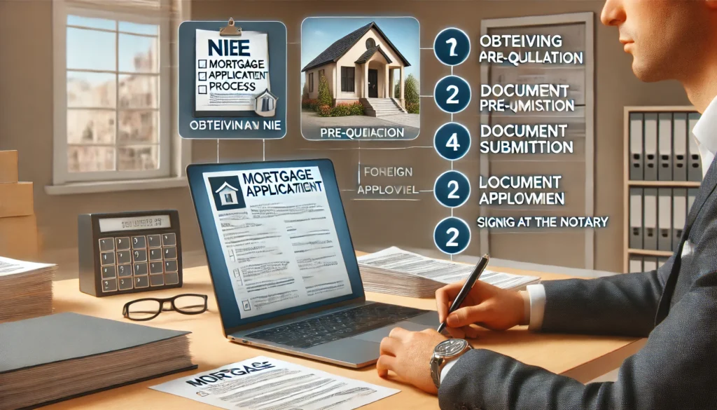 A hyper-realistic image depicting a step-by-step mortgage application process for a foreign buyer in Spain. The scene features a desk with a checklist of steps: obtaining an NIE, pre-qualification, document submission, lender approval, and signing at the notary. A laptop screen displays an online mortgage application, while a foreign buyer reviews documents.
