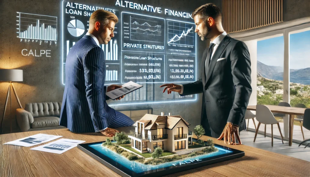 A hyper-realistic image of a foreign property investor discussing alternative financing options with a private lender. The setting is a high-end office with financial charts on the walls, and the lender is presenting different loan structures on a digital tablet. The investor is reviewing documents, and a model of a luxury villa in Calpe is visible on the table.