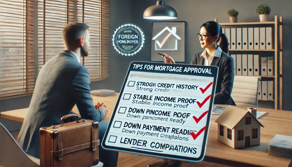 A hyper-realistic image of a foreign homebuyer meeting with a mortgage advisor to discuss tips for mortgage approval. The advisor is showing a checklist on a digital tablet with key points: strong credit history, stable income proof, down payment readiness, and lender comparisons. The setting is a professional office with a welcoming atmosphere.