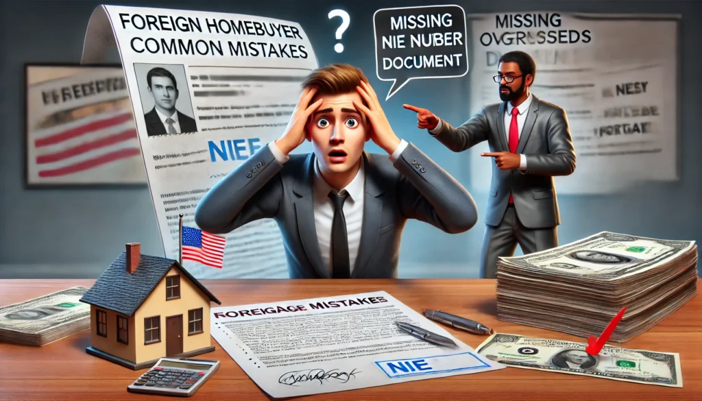 A hyper-realistic image of a foreign homebuyer making common mistakes during the mortgage process. The scene includes a confused buyer looking at a contract with hidden costs, a missing NIE number document, and an overwhelmed expression. The background features a financial advisor pointing at key overlooked details on a mortgage document.