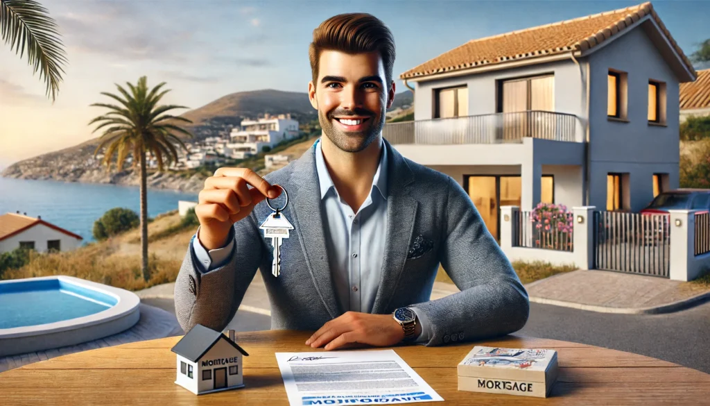A hyper-realistic image of a foreign homebuyer celebrating after successfully securing a mortgage in Spain. The buyer is holding house keys and a signed mortgage contract, smiling with relief. The background features a modern Mediterranean-style home in Calpe, with the sea and palm trees visible. The scene conveys a sense of achievement and new beginnings.