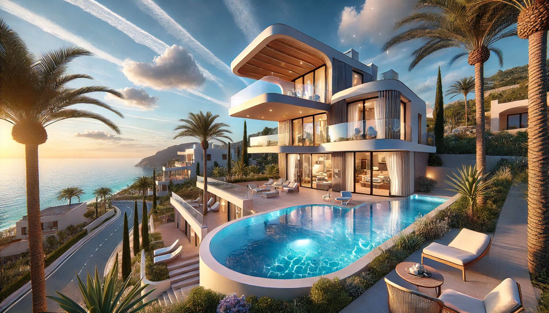 A hyper-realistic image of a luxurious Mediterranean villa in Calpe, Spain, with stunning ocean views, a private pool, and modern architecture. The villa is surrounded by palm trees and has a warm, inviting ambiance.