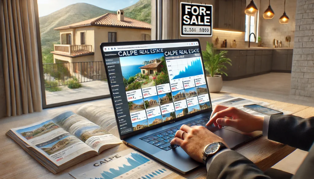 A hyper-realistic image of a foreign homebuyer researching the Calpe real estate market on a laptop. Multiple real estate websites and pricing charts are open on the screen. The background shows a Mediterranean-style home with a for-sale sign.