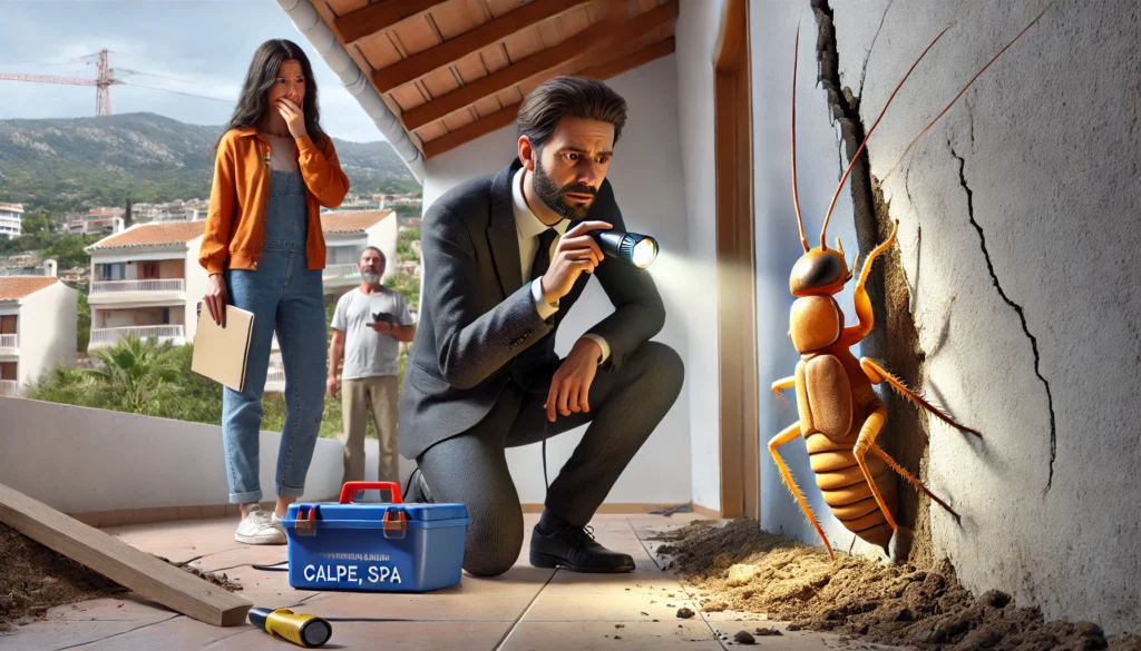 A hyper-realistic image of a property inspector examining a house in Calpe, Spain. The inspector is using a flashlight to check for pest damage and a structural engineer is pointing at foundation cracks. The worried homebuyer observes in the background.