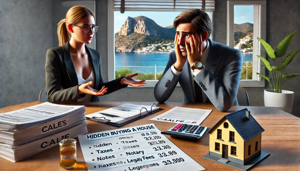 A hyper-realistic image of a homebuyer sitting at a desk, looking overwhelmed by financial documents. A financial advisor is explaining the hidden costs of buying a house in Calpe, Spain, including taxes, notary fees, and legal expenses. A calculator and budget sheet are visible on the table.