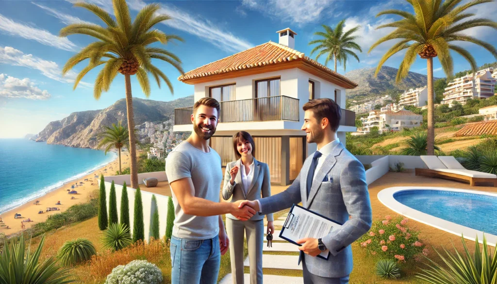 A hyper-realistic image of a happy foreign homebuyer receiving the keys to their new Mediterranean-style villa in Calpe. The scene is set outdoors with a stunning coastal view, palm trees, and a bright blue sky. The buyer shakes hands with a real estate agent while holding a contract. The villa has a modern yet traditional Spanish design with white walls and terracotta roof tiles.