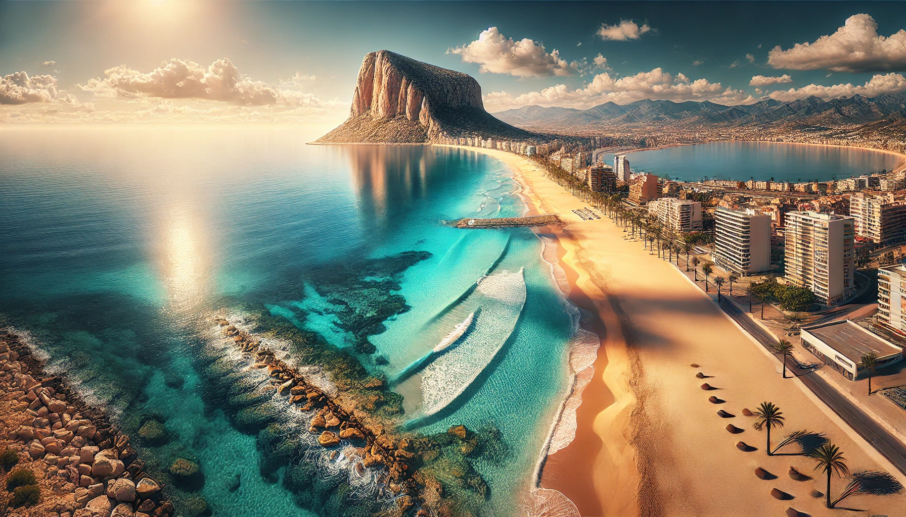 Panoramic view of Calpe's coastline with golden beaches, clear Mediterranean waters, and the iconic Peñón de Ifach rock.