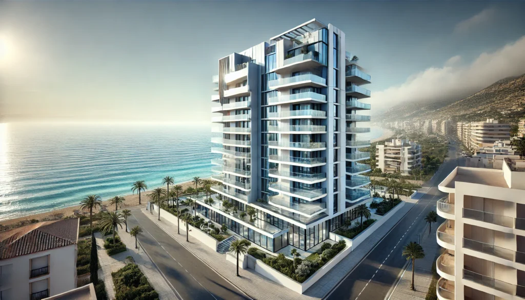 Modern apartment building in Calpe with glass balconies and stunning sea views.