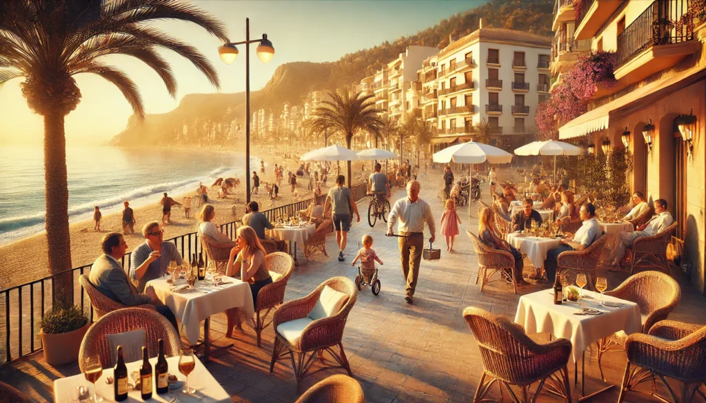 Residents enjoying outdoor dining and leisure along Calpe's vibrant beachfront.