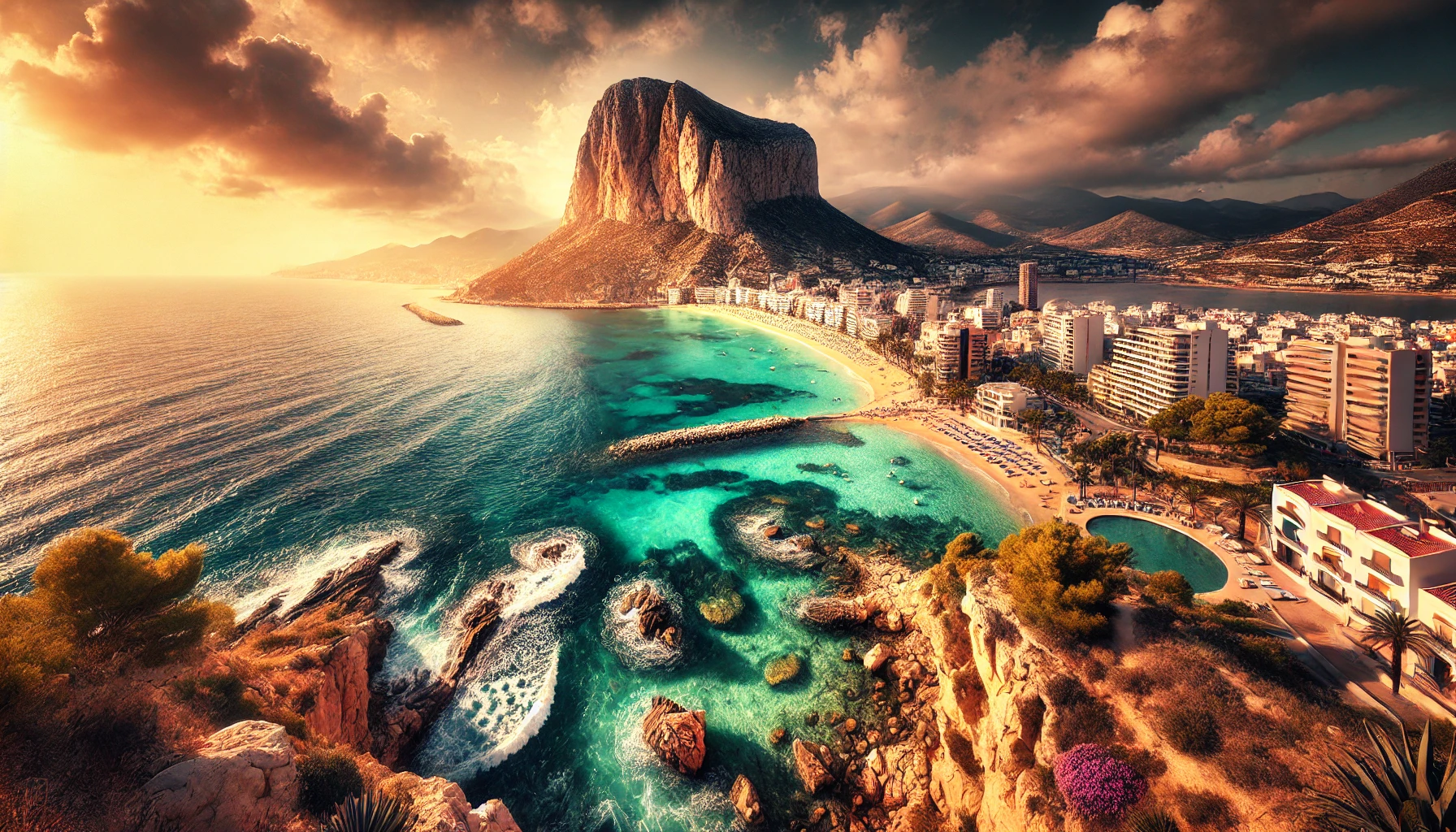 Panoramic view of Calpe, Costa Blanca showcasing potential property investment with dramatic cliffs and turquoise waters.