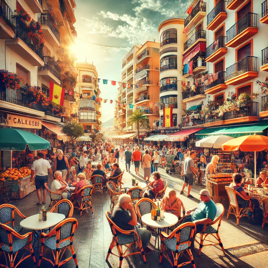 Vibrant street scene in Calpe featuring outdoor cafes, local market, and people enjoying the Mediterranean lifestyle.