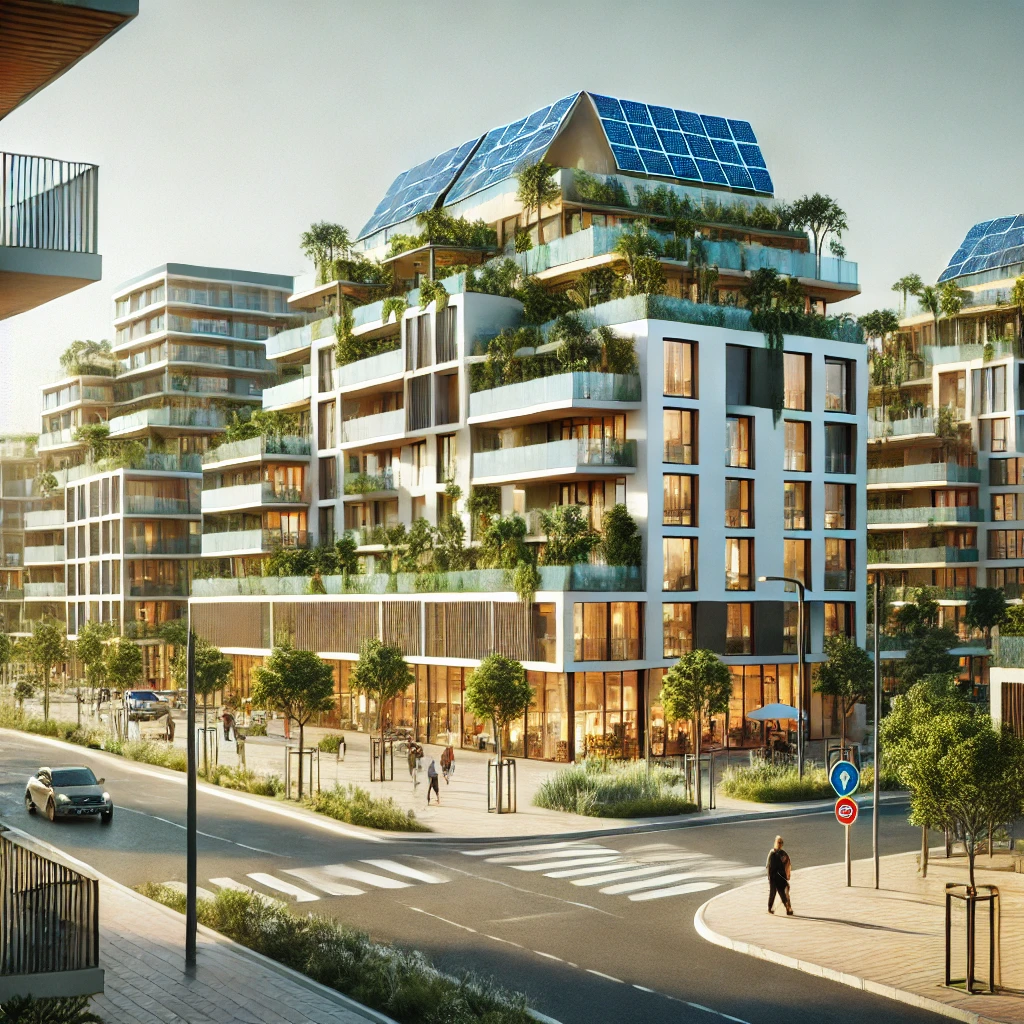 Modern sustainable development in Calpe combining residential and commercial spaces with green design elements.