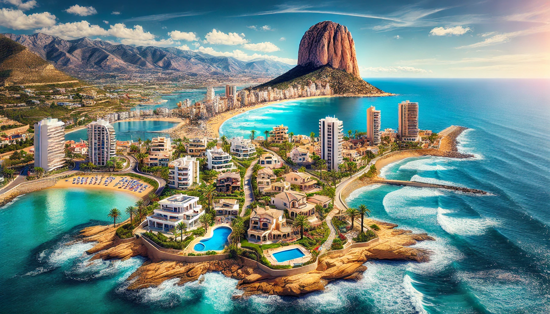 Panoramic view of Calpe, Spain, showcasing luxury villas, beachfront apartments, and the Peñón de Ifach—highlighting Calpe property for sale.