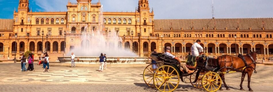 Plaza de España in Seville, Spain, featuring a fountain, historic architecture, and a horse-drawn carriage.