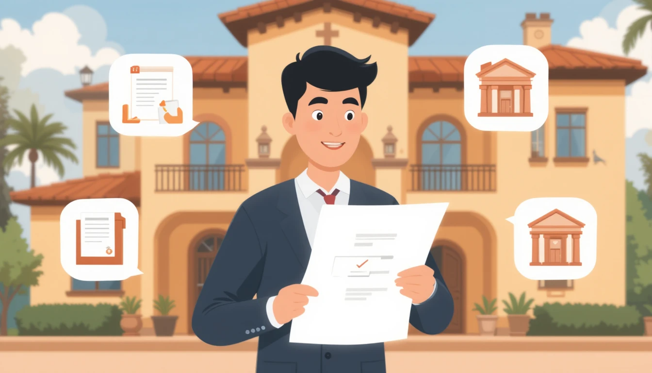 An animated illustration of a businessman reviewing real estate documents in front of a traditional Spanish-style villa. Surrounding icons depict legal and banking elements related to buying property through a company.