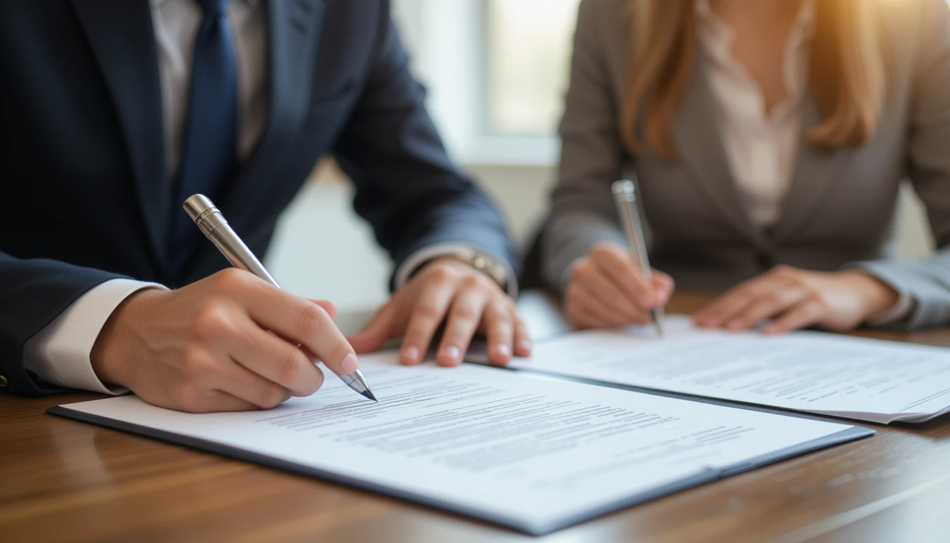 A professional photograph of two business professionals signing a real estate contract. Their hands and pens are in focus as they finalize the property purchase agreement on a wooden desk, symbolizing the legal aspects of buying property through a company