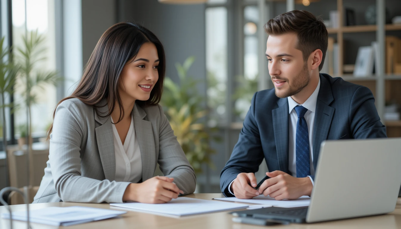 A high-resolution photograph of two professionals discussing real estate investment in an office setting. The man and woman, dressed in business attire, are engaged in conversation with documents and a laptop on the desk, symbolizing financial and legal consultation.