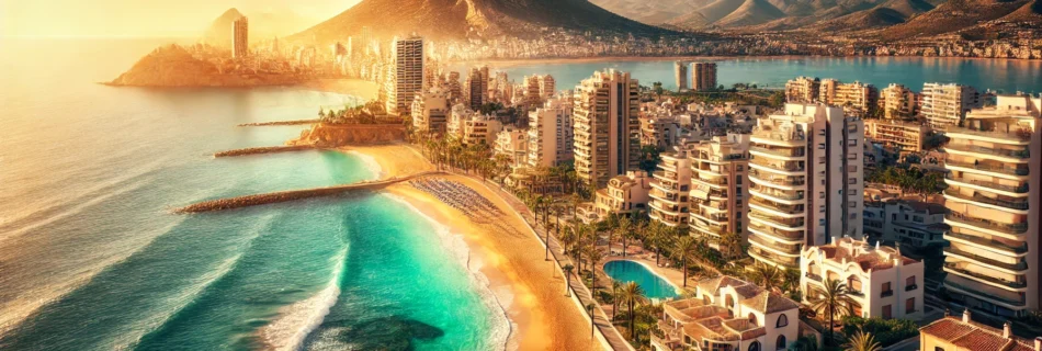 "Panoramic view of Calpe beach properties with golden beaches, turquoise sea, and the iconic Peñón de Ifach in the background."