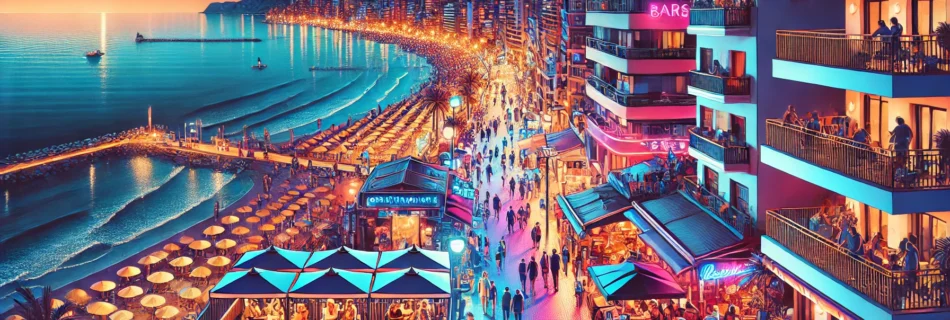 "Horizontal cover image showcasing calpe spain nightlife with vibrant illuminated bars, neon-lit streets, and a Mediterranean sea backdrop."