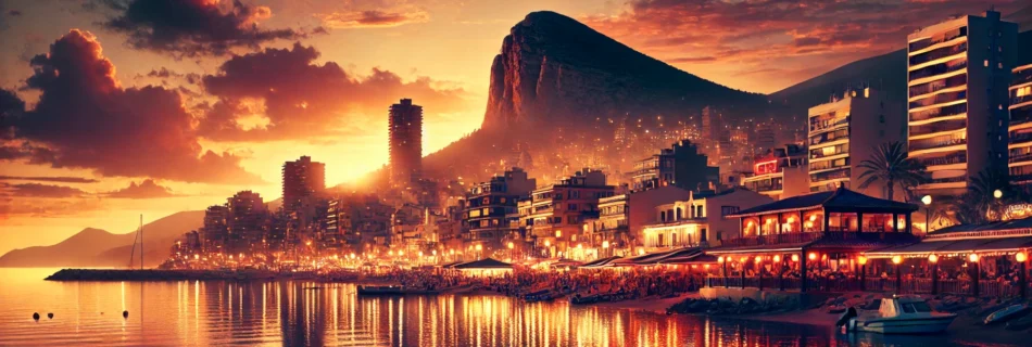 "Horizontal cover image showcasing calpe costa blanca nightlife with a vibrant Mediterranean sunset and illuminated cityscape."