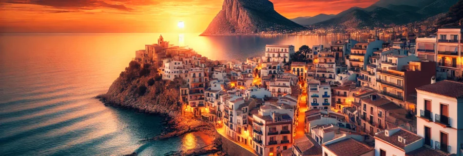 "Horizontal cover image showcasing Calpe City with its historic Old Town and Peñón de Ifach at sunset on Spain's Costa Blanca."