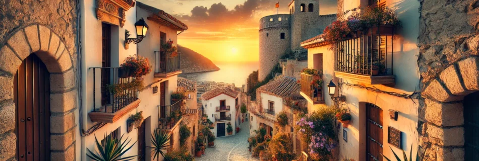 "Horizontal cover image showcasing calpe spain old town with narrow cobblestone streets, whitewashed houses, ancient architecture, and a vibrant Mediterranean sunset."