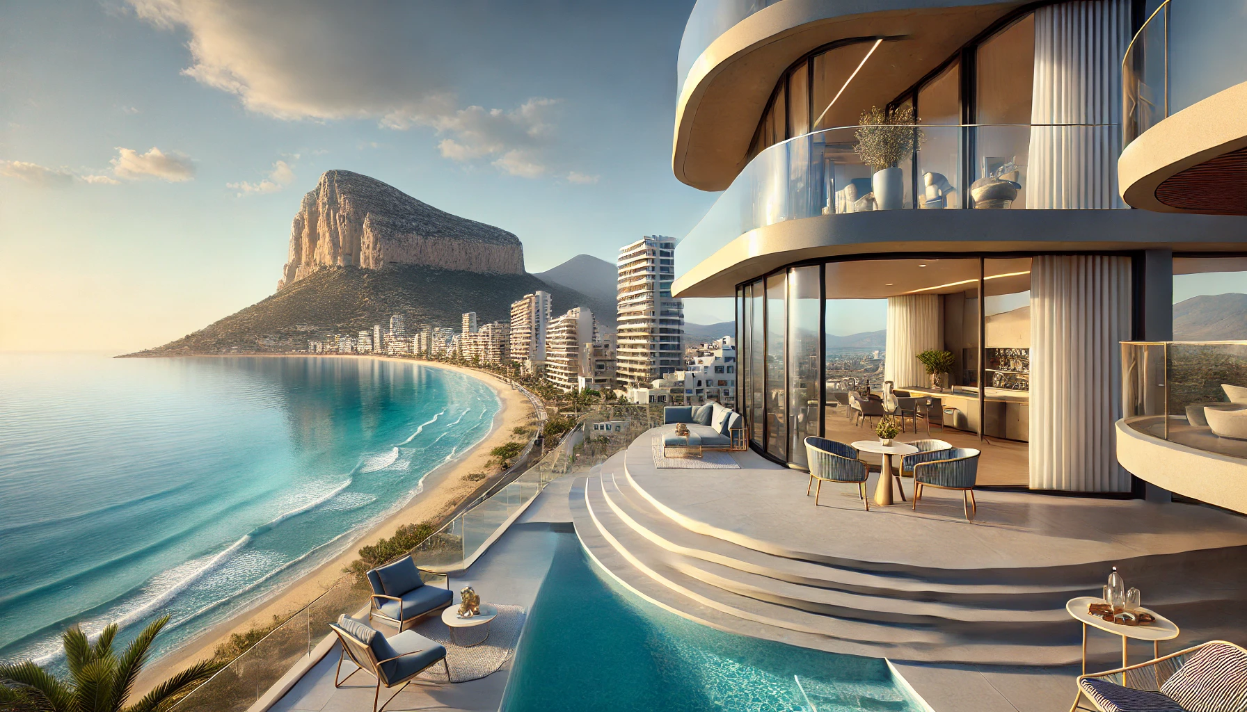 Stunning seafront apartments for sale in Calpe, Spain, with breathtaking views of the Mediterranean Sea and the iconic Peñón de Ifach in the background.
