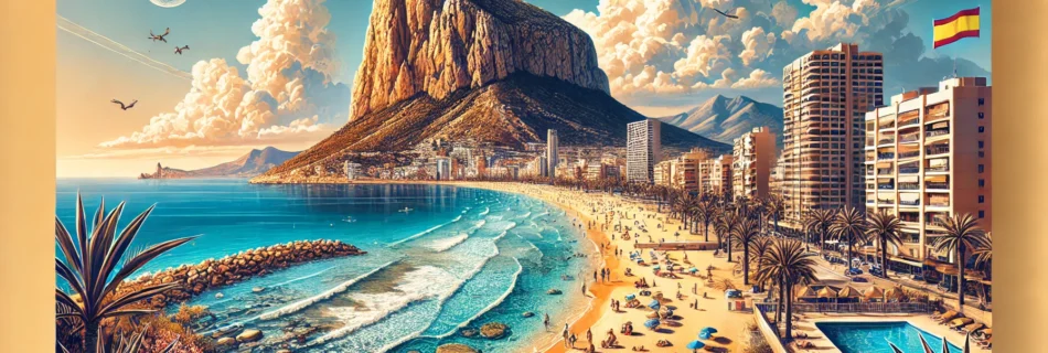 Scenic view of Calpe in Alicante featuring the Peñón de Ifach, golden beach, and clear Mediterranean waters – answering 'is calpe in alicante' with a vibrant coastal landscape.