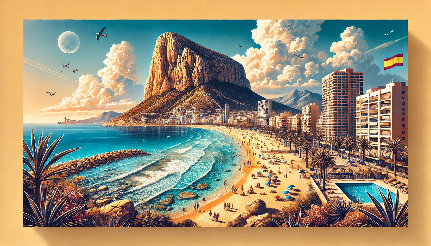 Scenic view of Calpe in Alicante featuring the Peñón de Ifach, golden beach, and clear Mediterranean waters – answering 'is calpe in alicante' with a vibrant coastal landscape.