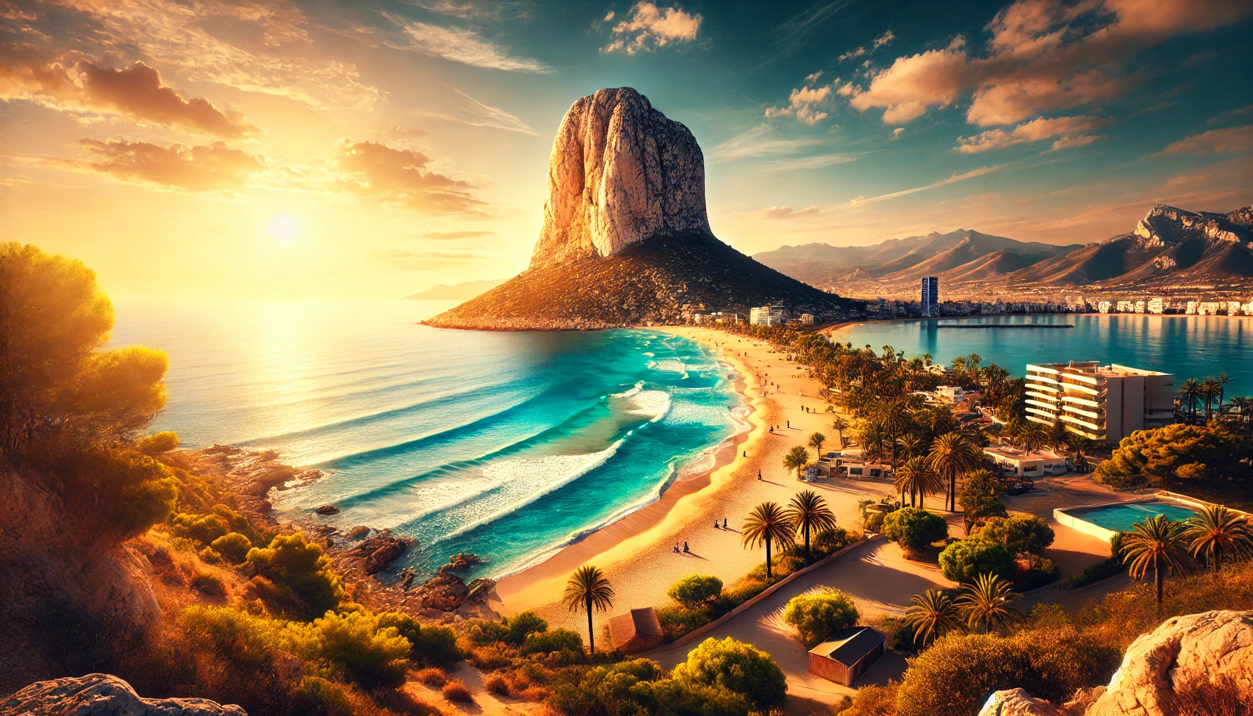 Horizontal panoramic view of Calpe Rock (Peñón de Ifach) towering over the Mediterranean Sea with a golden beach and coastal vegetation, clearly showing where is calpe rock.