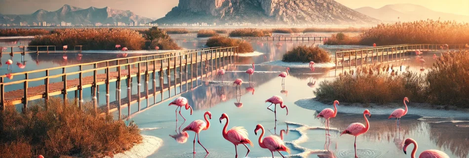 Horizontal panoramic view of Calpe’s salt flats in Spain with elegant flamingos feeding on salt crusts, highlighting the question 'are the flamingos in Calpe Spain' with the Peñón de Ifach in the background.