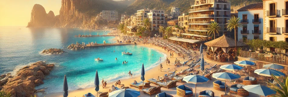 Horizontal panoramic view of a Spanish coast with a vibrant beach, stylish coastal town, and dramatic cliffs, embodying 'which is the coolest costa in spain'.