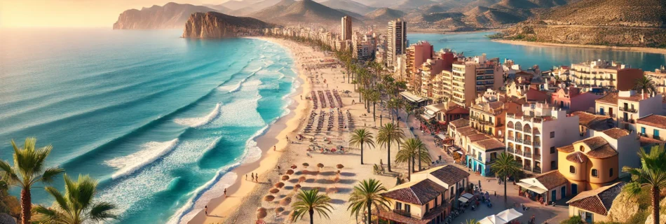 Horizontal panoramic view of Costa Blanca featuring a pristine beach, charming coastal town, and rugged cliffs under a clear blue sky.