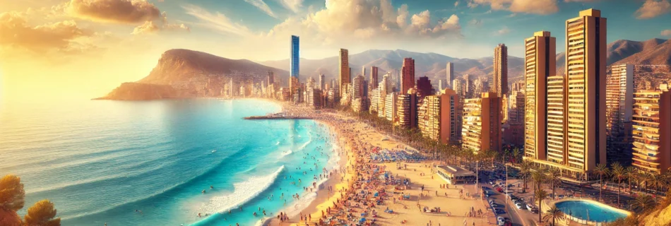 Horizontal panoramic view of Benidorm featuring a vibrant beach, modern high-rise skyline, and a clear Mediterranean sky, highlighting Benidorm as Spain’s ultimate tourist destination.
