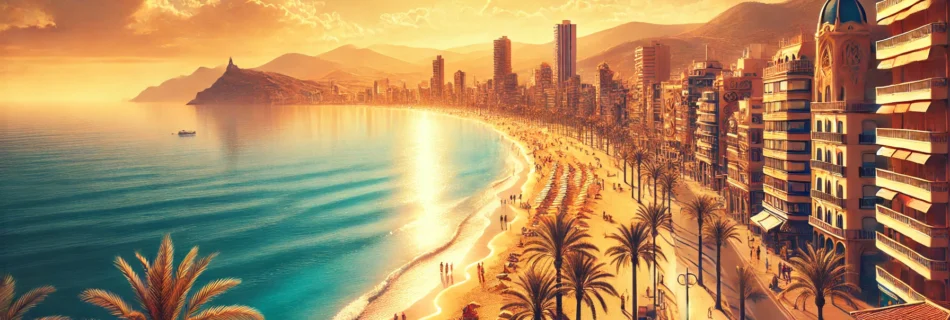Horizontal panoramic image of Benidorm weather featuring a sunlit Mediterranean beach with clear blue skies, palm trees, and modern coastal buildings against a backdrop of distant mountains, highlighting the vibrant and inviting climate of Benidorm.