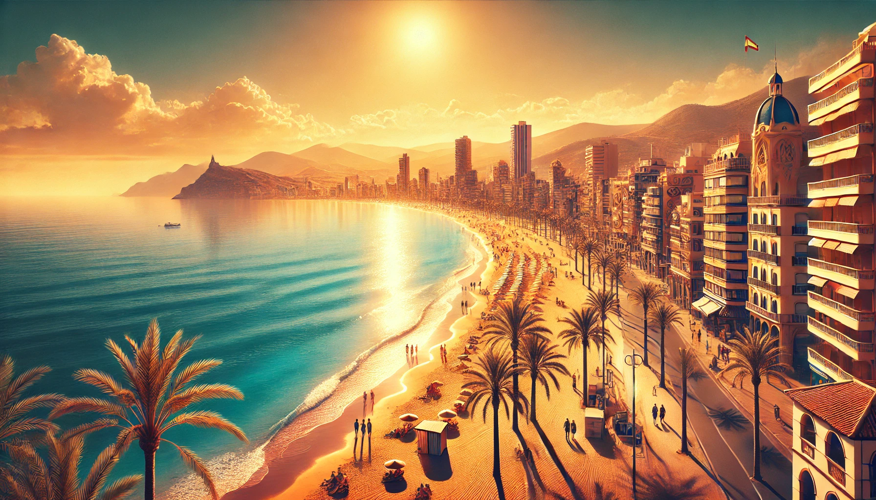 Horizontal panoramic image of Benidorm weather featuring a sunlit Mediterranean beach with clear blue skies, palm trees, and modern coastal buildings against a backdrop of distant mountains, highlighting the vibrant and inviting climate of Benidorm.