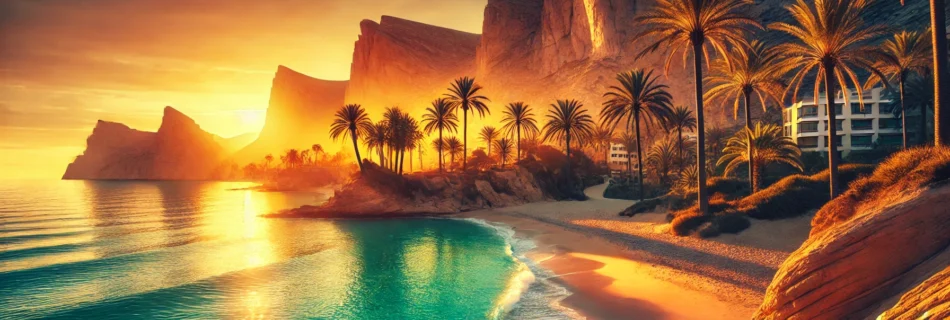 "Horizontal view of Costa Blanca weather showcasing a Mediterranean beach with turquoise waters, golden sunset, and lush palm trees."